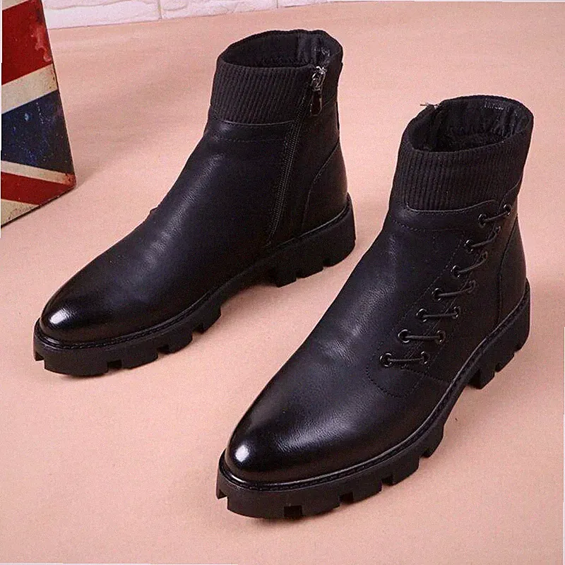 Mens Pointed Toe Platform Ankle Boot Cotton Motorcycle Boots Black Punk Shoe